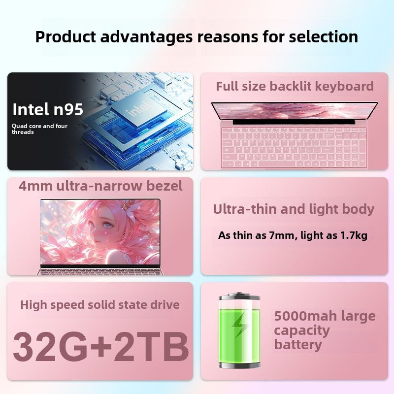 2024Brand New ips Full hd screen/Intel Laptop15.6Ultra-Thin Student Office Game Computer