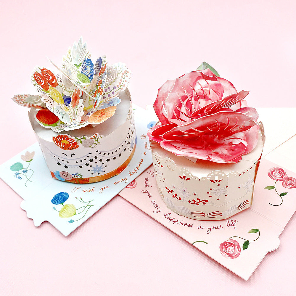 Birthday Stereoscopic Greeting Cards Ins Style 3D Birthday Cake Rose Message Card Creative Folding Blessing Card