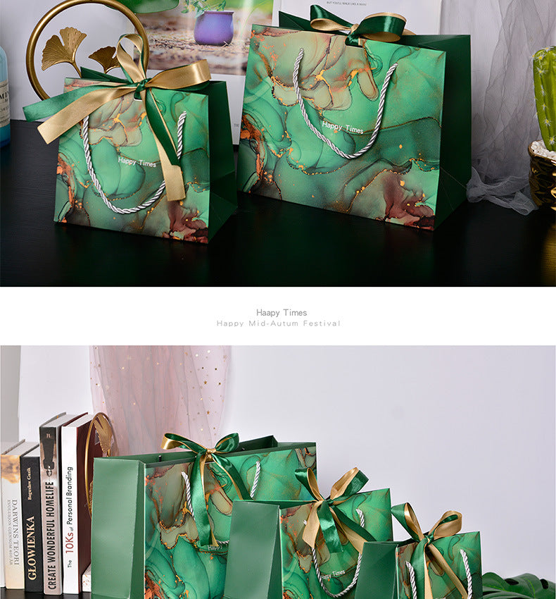 New Marbling Gift Bag Fashion Handbag with Ribbon Packaging Bag in Stock Clothing Paper Bag Candy Bag