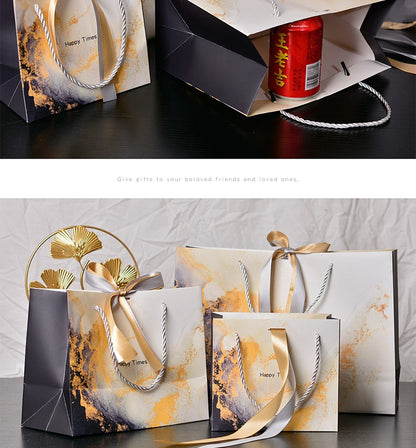 New Marbling Gift Bag Fashion Handbag with Ribbon Packaging Bag in Stock Clothing Paper Bag Candy Bag