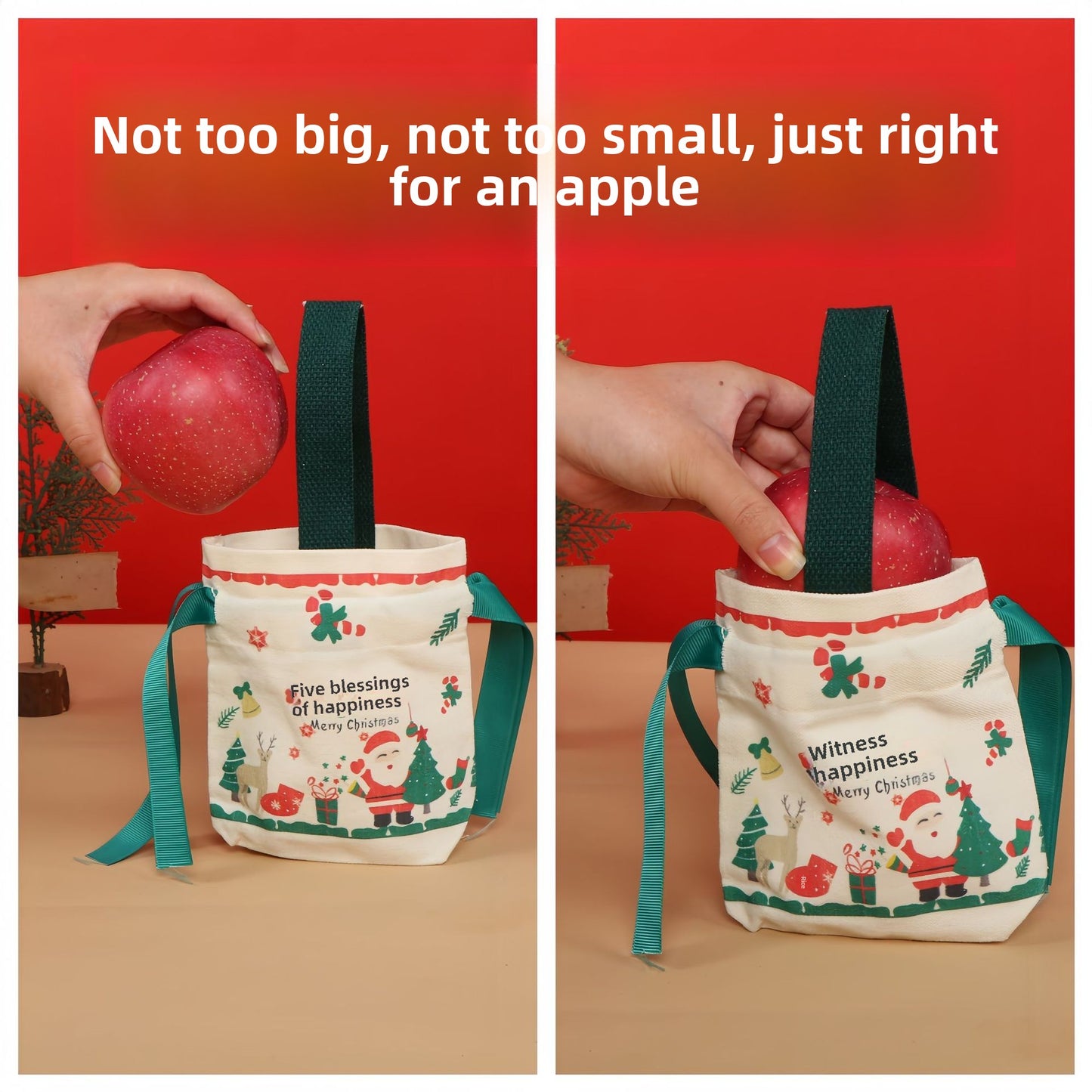 New Products in Stock Christmas Eve Apple Canvas Bag Christmas Gift Gift Bag Drawstring Drawstring Pocket Hand-Held Packing Bags