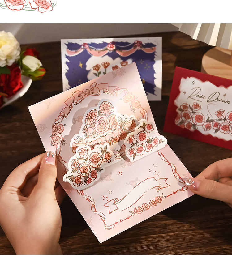 Stereoscopic Greeting Cards Rose Romantic Couple Blessing Card Birthday Gift Hand-Painted Postcard for Friends