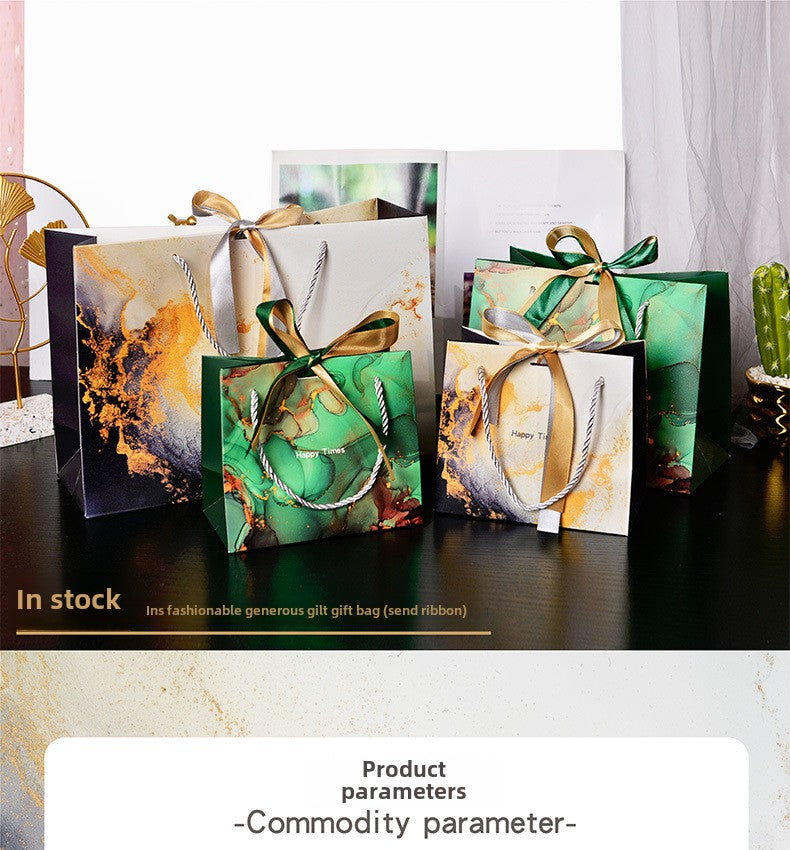 New Marbling Gift Bag Fashion Handbag with Ribbon Packaging Bag in Stock Clothing Paper Bag Candy Bag