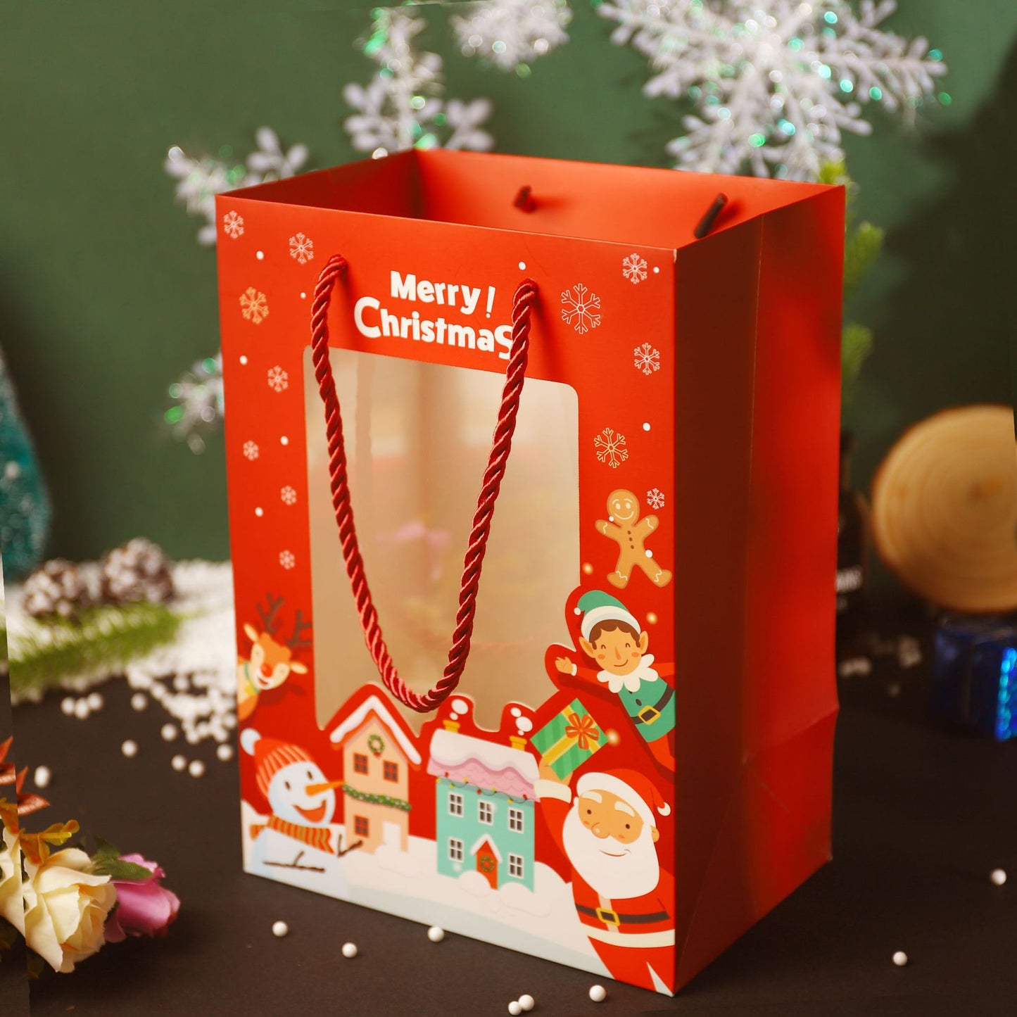 Christmas Transparent Window Handbag Paper Bag Cartoon Christmas Packaging Gift Bag Christmas Gift Bag