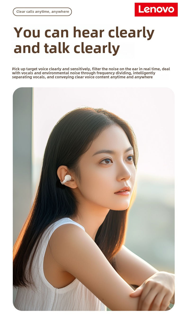 Lenovo Bluetooth Headset Gas Bone Conduction Clip-on Sports Running Non in-Ear Noise Reduction Student Party Female2024New