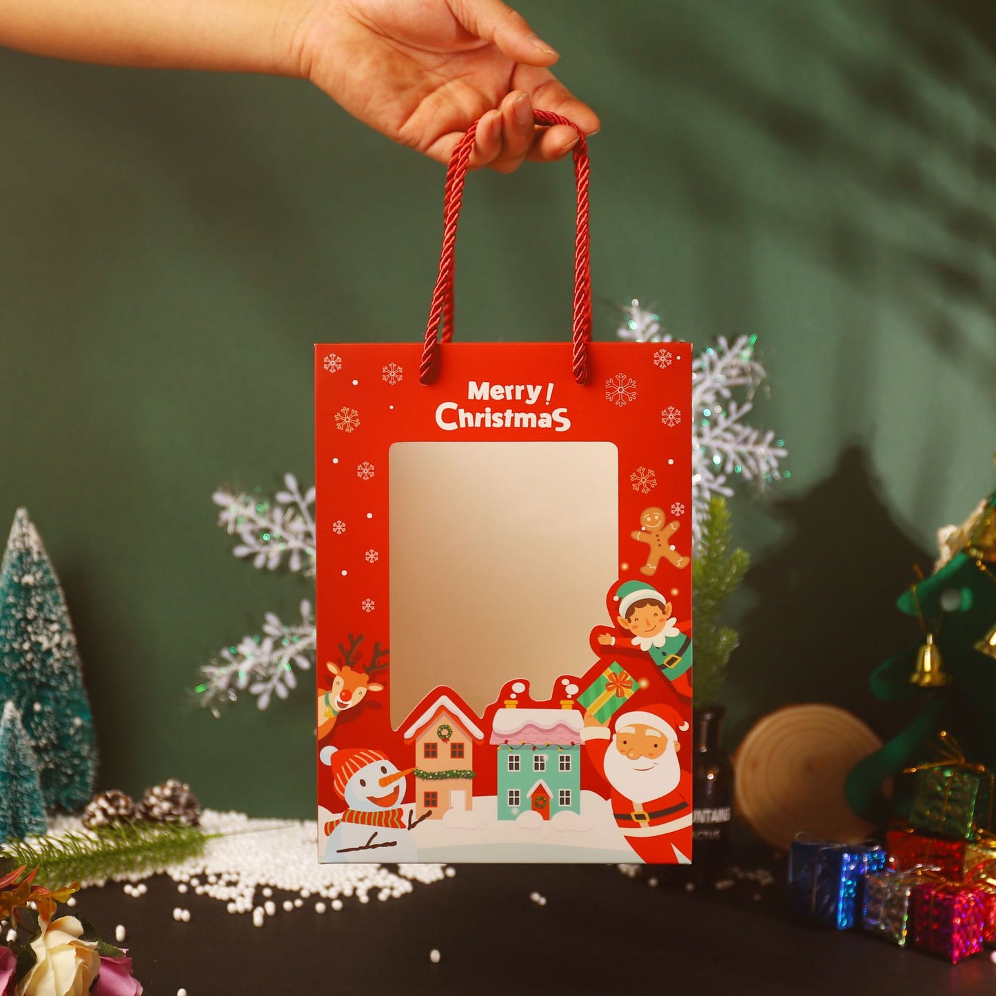 Christmas Transparent Window Handbag Paper Bag Cartoon Christmas Packaging Gift Bag Christmas Gift Bag