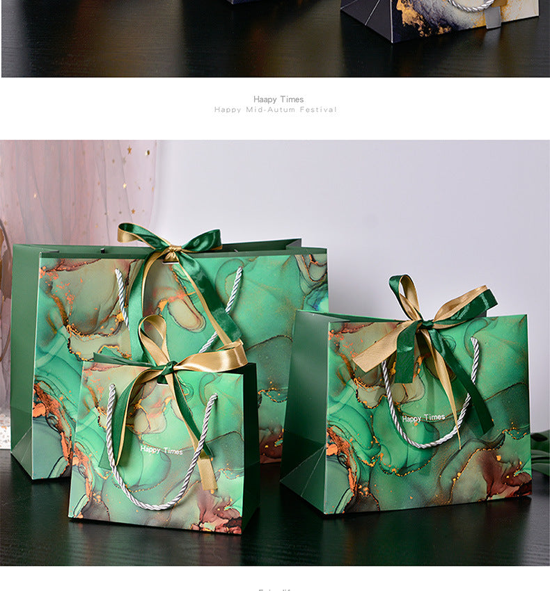 New Marbling Gift Bag Fashion Handbag with Ribbon Packaging Bag in Stock Clothing Paper Bag Candy Bag