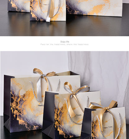 New Marbling Gift Bag Fashion Handbag with Ribbon Packaging Bag in Stock Clothing Paper Bag Candy Bag