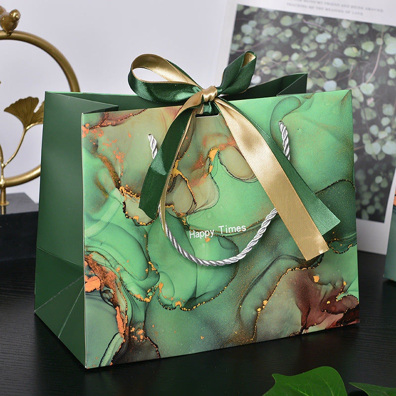 New Marbling Gift Bag Fashion Handbag with Ribbon Packaging Bag in Stock Clothing Paper Bag Candy Bag